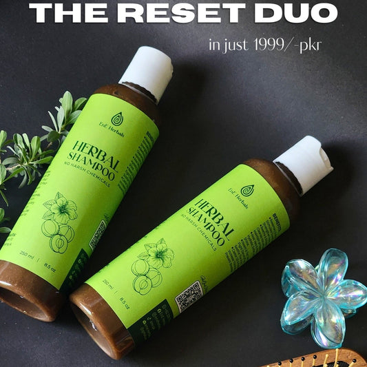Two bottles of 'The Reset Duo' shampoo with a wooden brush on a dark background.